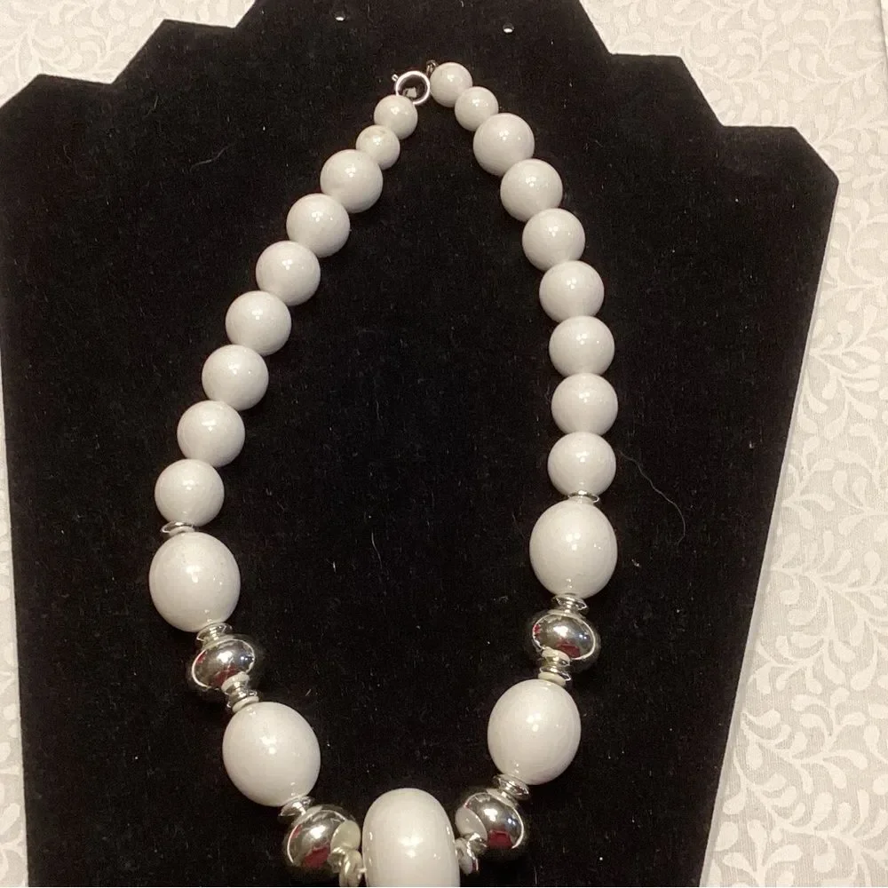 White and Silvertone Beaded Necklace